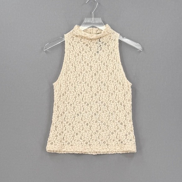 ENZA COSTA Puckered Lace Sleeveless Mockneck Top Women Medium Cream Sheer Luxury - Picture 3 of 12